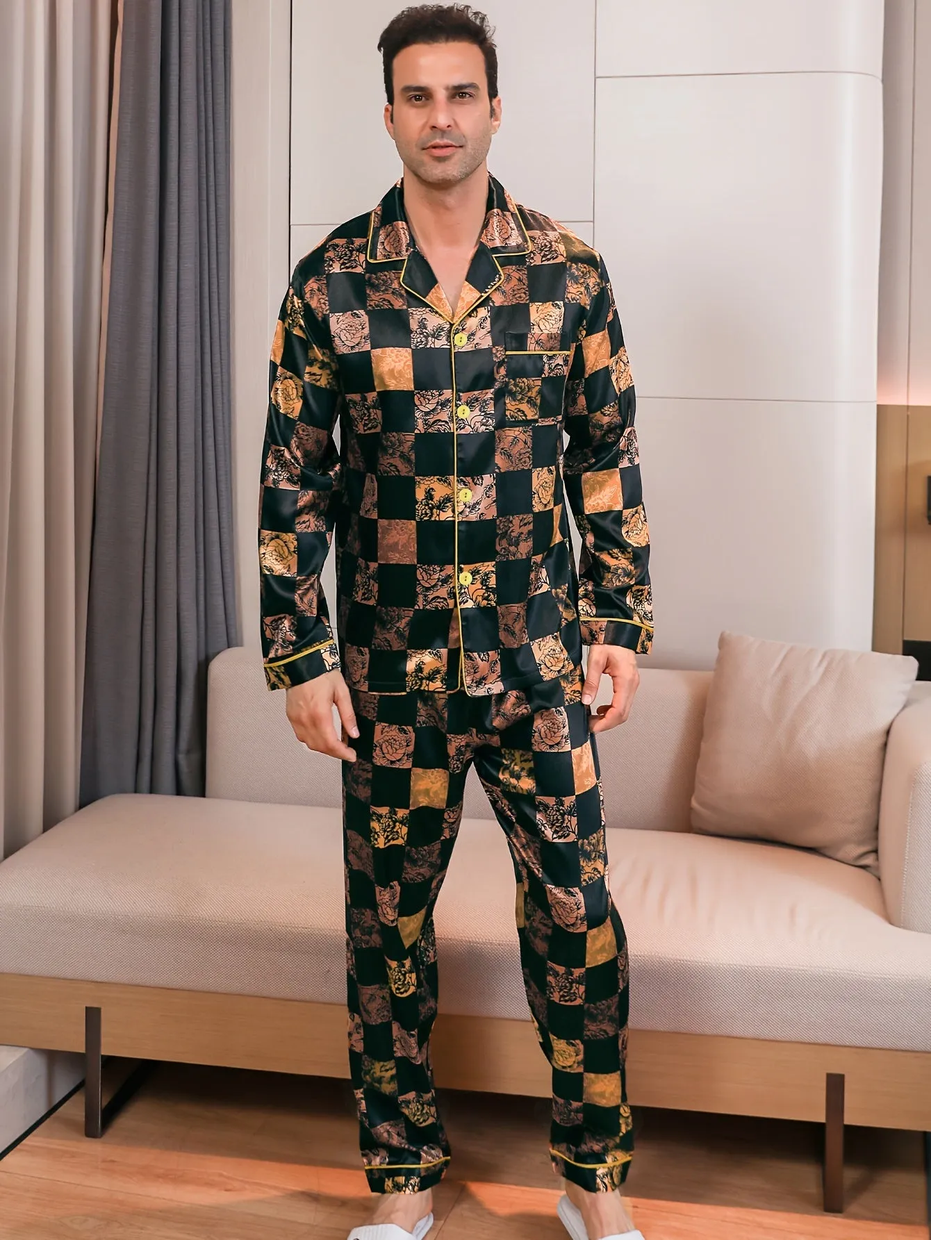 2 Pcs Men's Luxury Floral Print Lapel Long Sleeve & Trousers Pajama Set, Comfortable & Skin-friendly Style Men's Cozy Loungewear