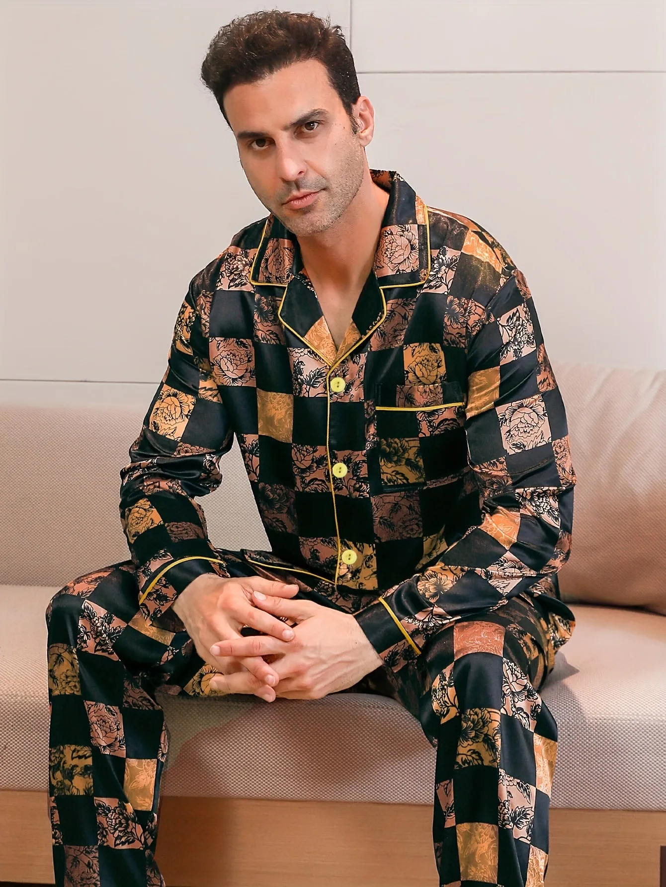 2 Pcs Men's Luxury Floral Print Lapel Long Sleeve & Trousers Pajama Set, Comfortable & Skin-friendly Style Men's Cozy Loungewear