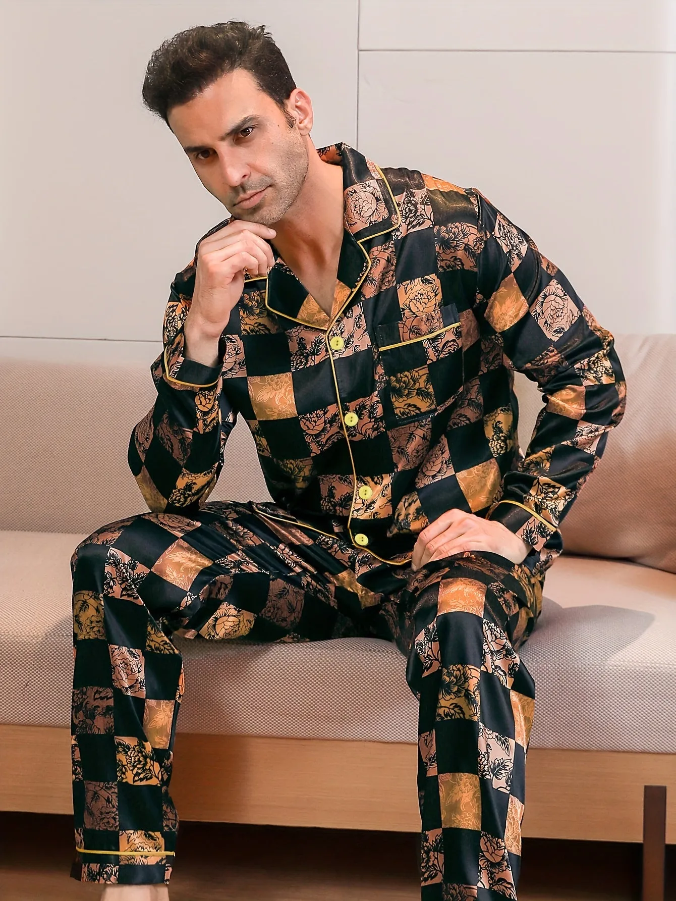 2 Pcs Men's Luxury Floral Print Lapel Long Sleeve & Trousers Pajama Set, Comfortable & Skin-friendly Style Men's Cozy Loungewear