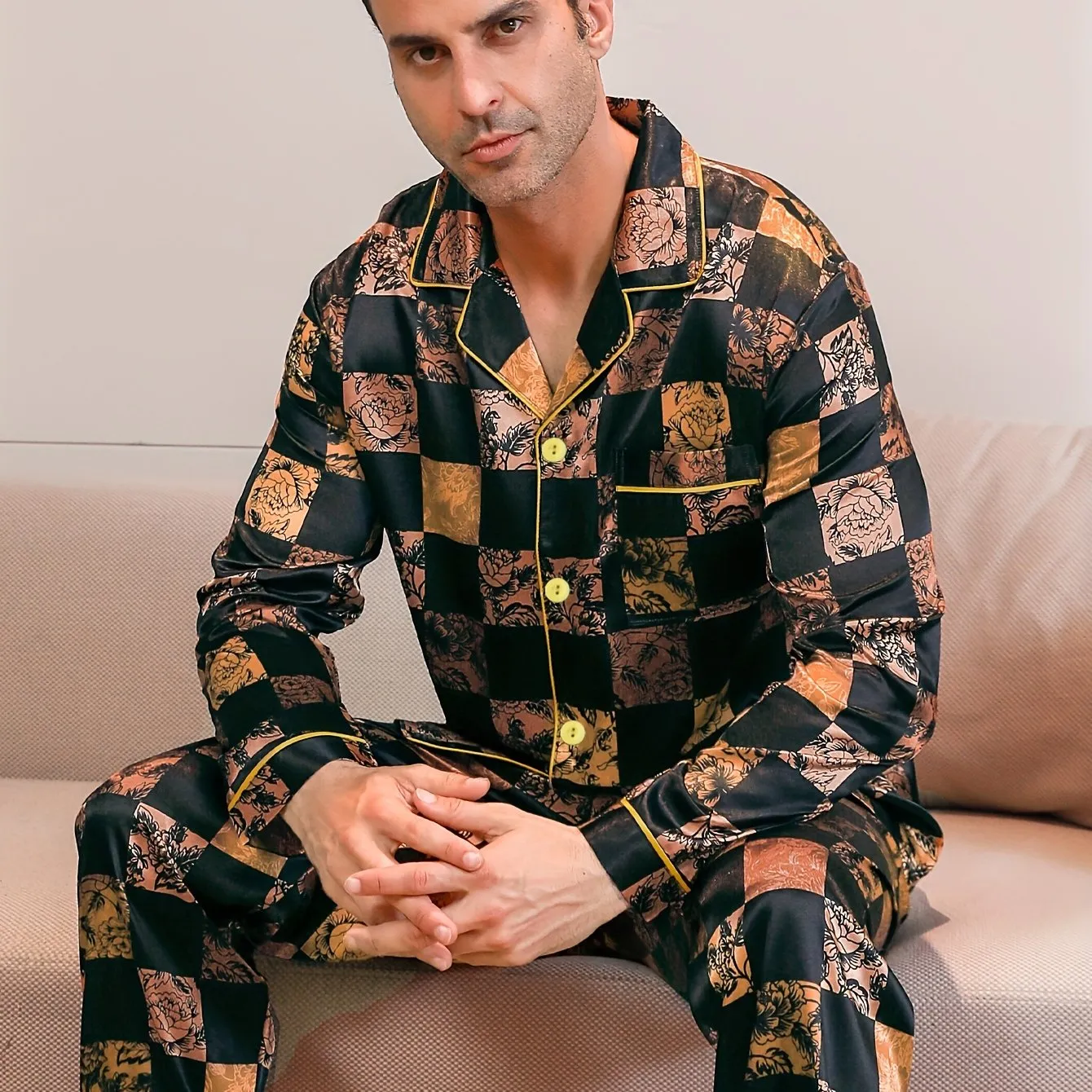 2 Pcs Men's Luxury Floral Print Lapel Long Sleeve & Trousers Pajama Set, Comfortable & Skin-friendly Style Men's Cozy Loungewear