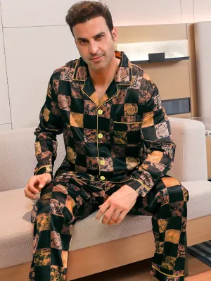 2 Pcs Men's Luxury Floral Print Lapel Long Sleeve & Trousers Pajama Set, Comfortable & Skin-friendly Style Men's Cozy Loungewear