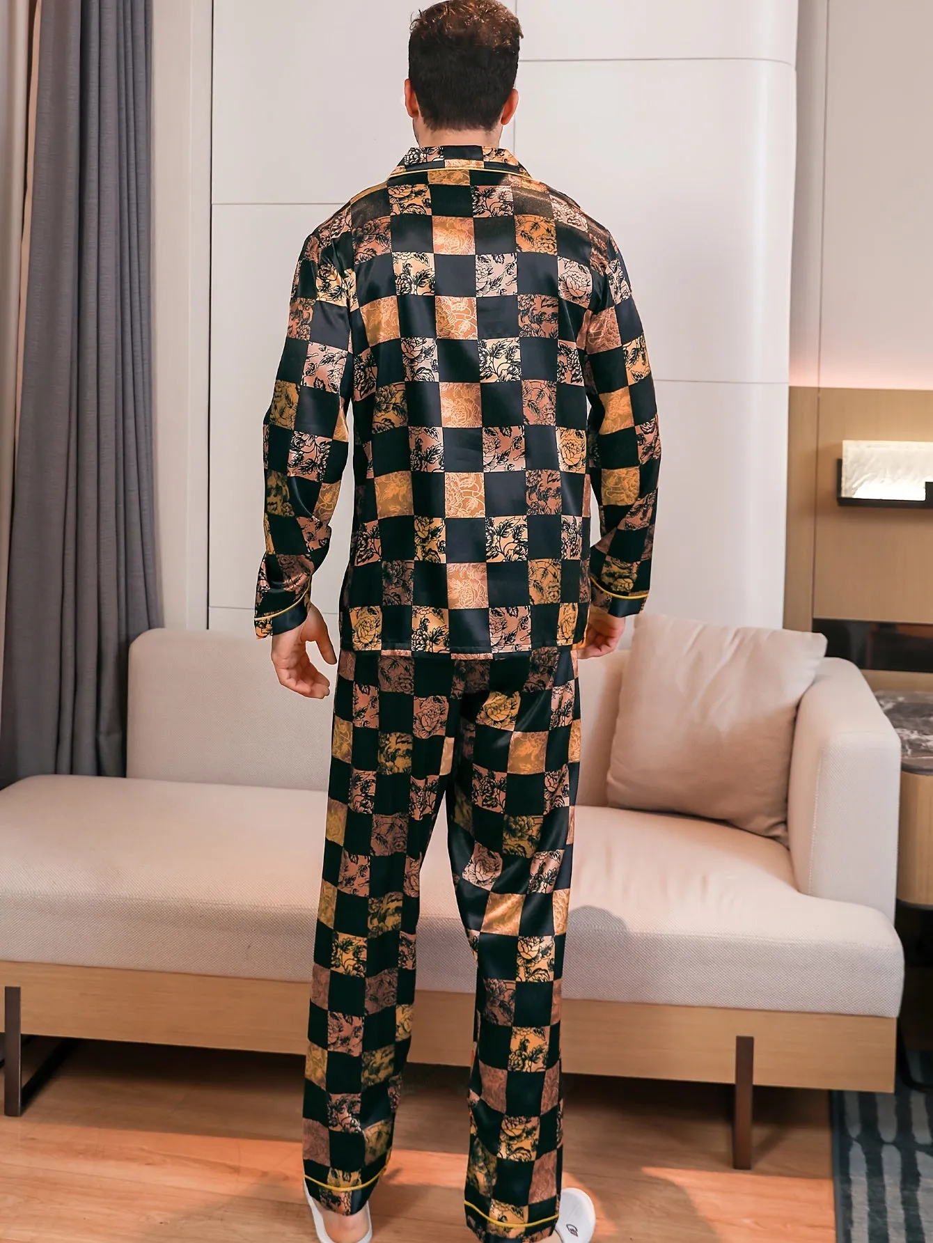 2 Pcs Men's Luxury Floral Print Lapel Long Sleeve & Trousers Pajama Set, Comfortable & Skin-friendly Style Men's Cozy Loungewear