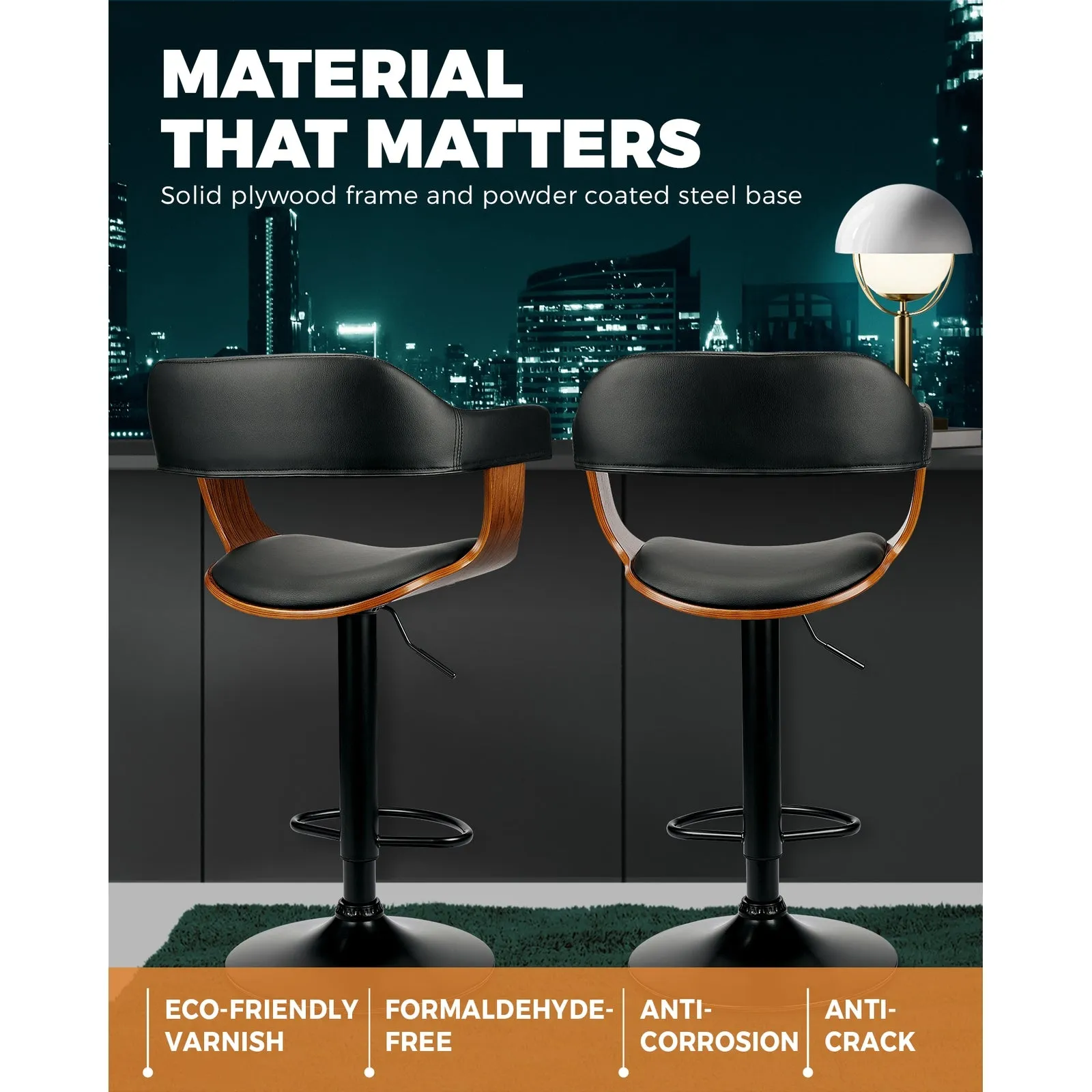 2x Oikiture Wooden Bar Stools Kitchen Swivel Chairs Bar Stool PU Leather Black