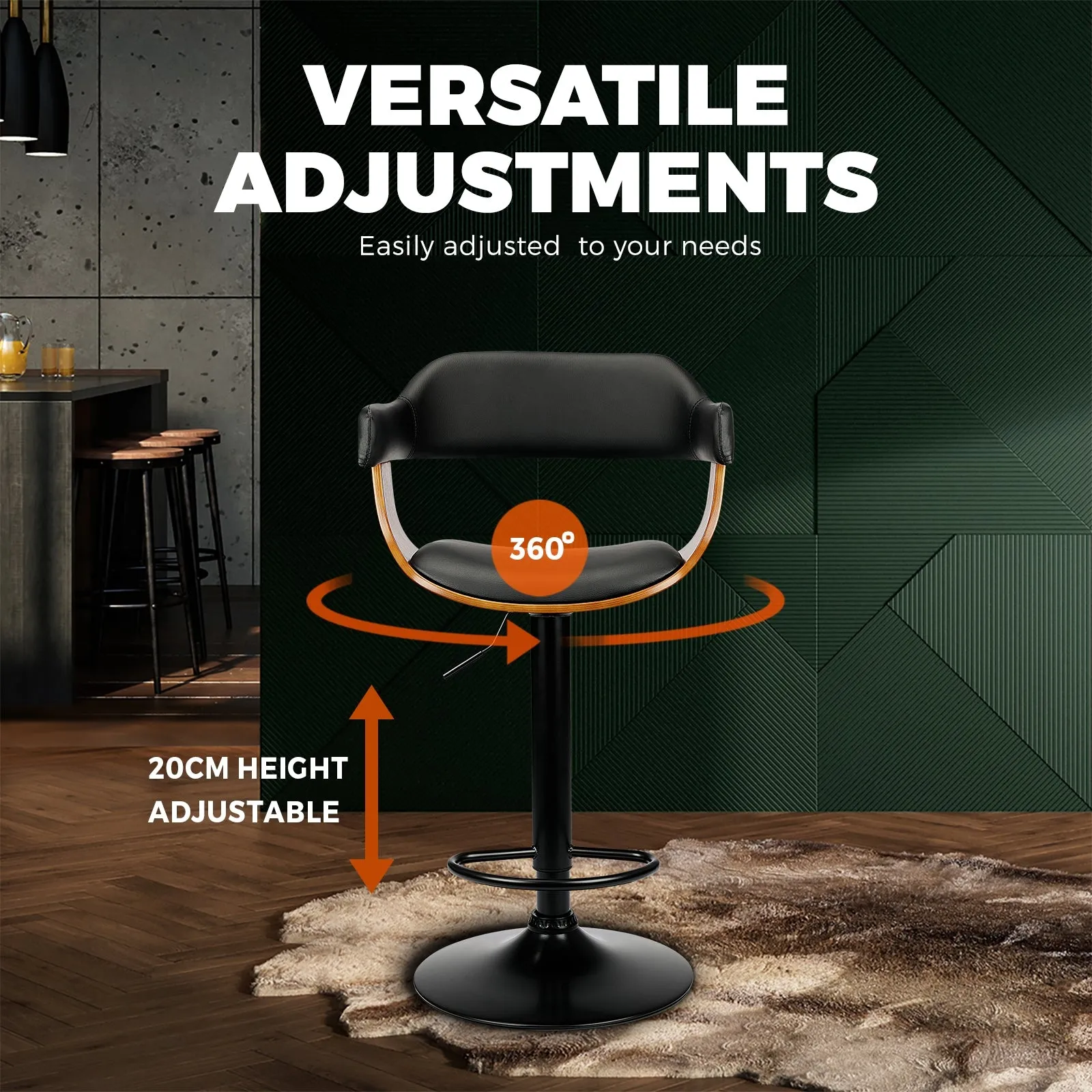 2x Oikiture Wooden Bar Stools Kitchen Swivel Chairs Bar Stool PU Leather Black