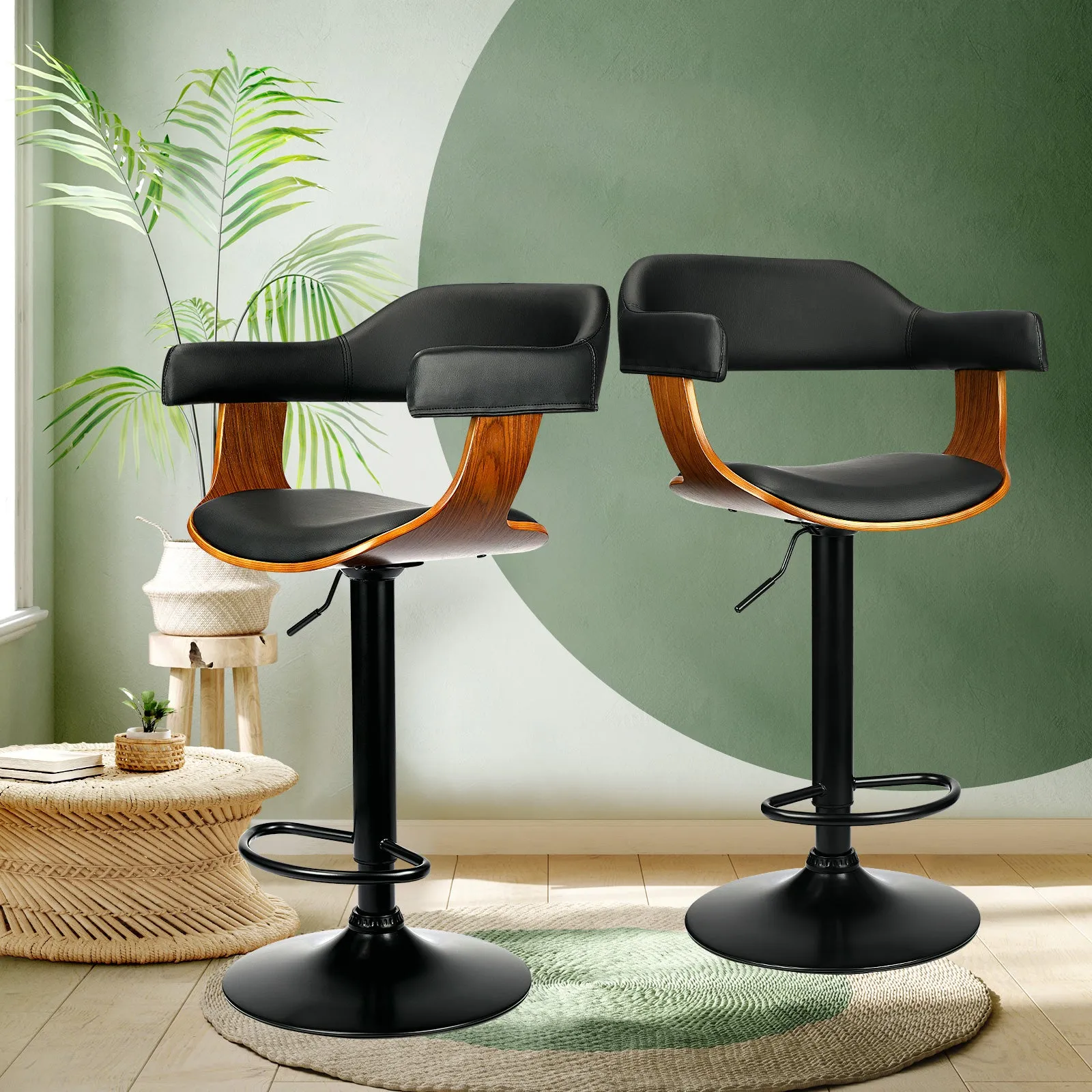 2x Oikiture Wooden Bar Stools Kitchen Swivel Chairs Bar Stool PU Leather Black