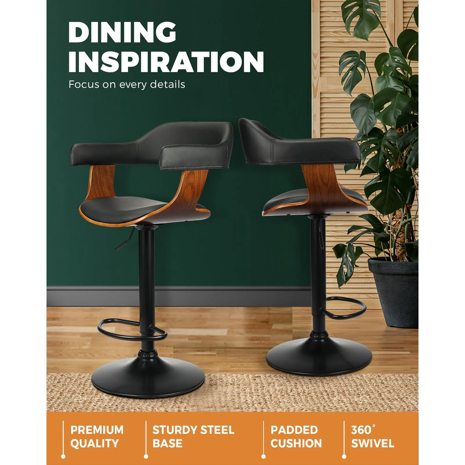 2x Oikiture Wooden Bar Stools Kitchen Swivel Chairs Bar Stool PU Leather Black