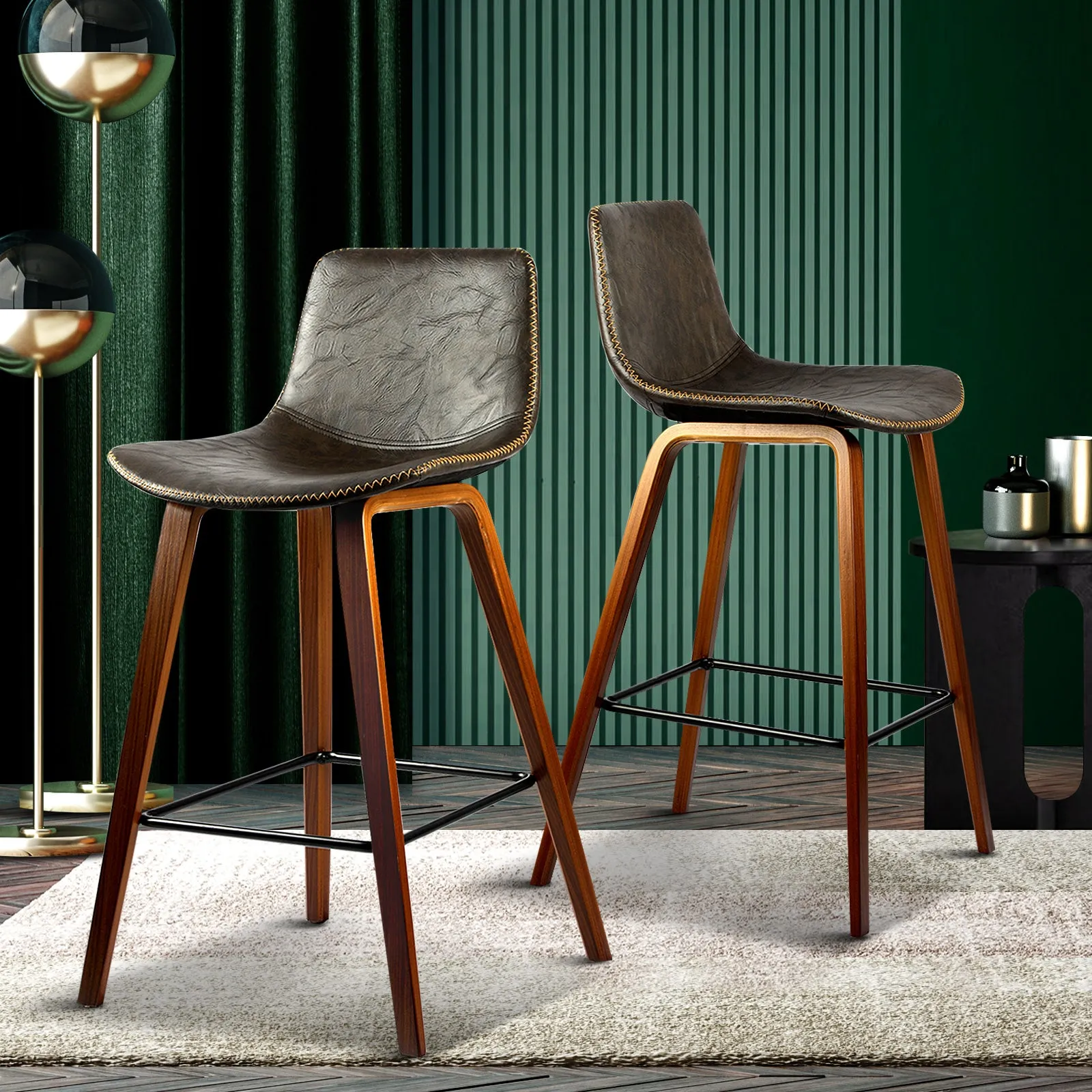 2x Oikiture Wooden Bar Stools Vintage Chair Kitchen Dining Chairs Retro Coffee
