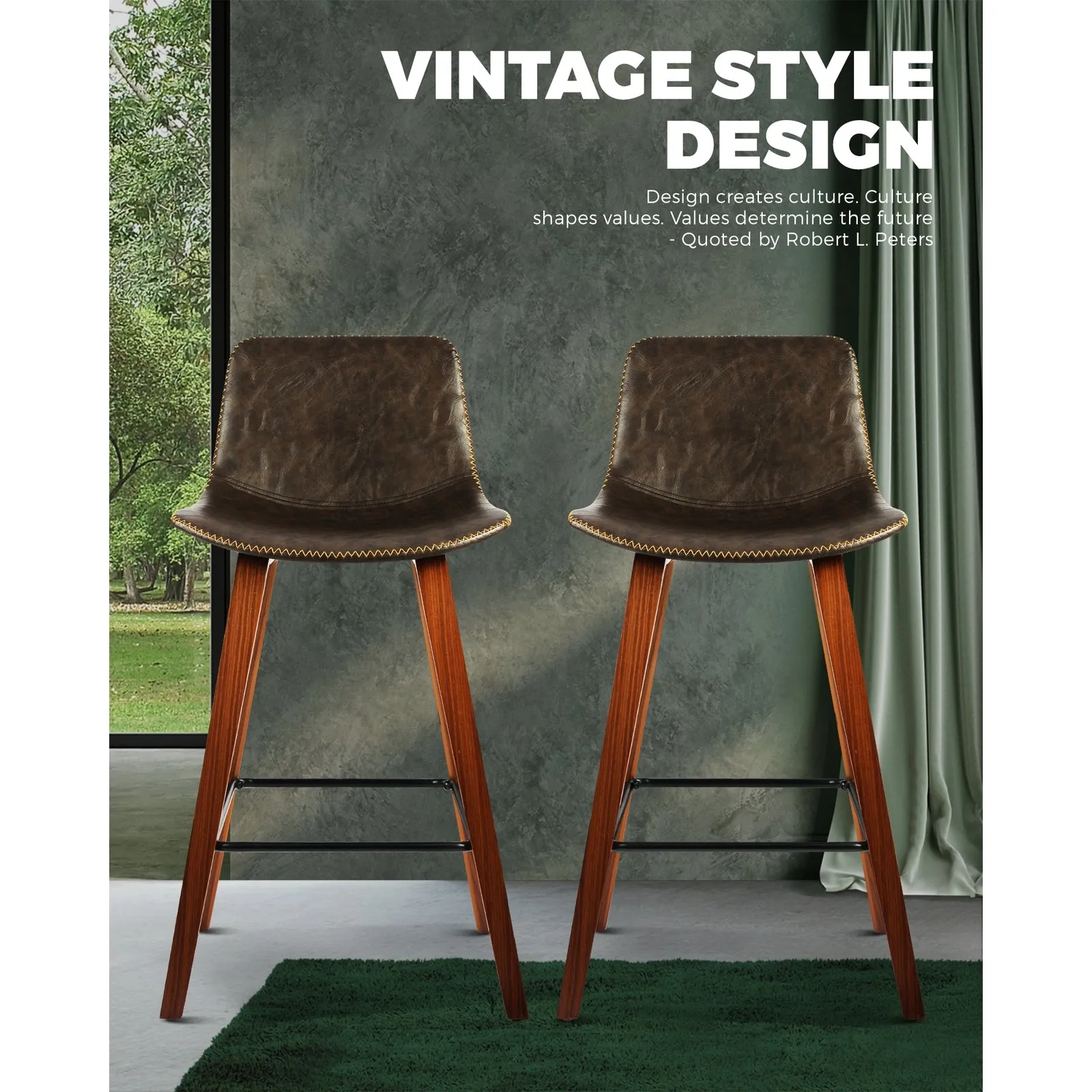 2x Oikiture Wooden Bar Stools Vintage Chair Kitchen Dining Chairs Retro Coffee