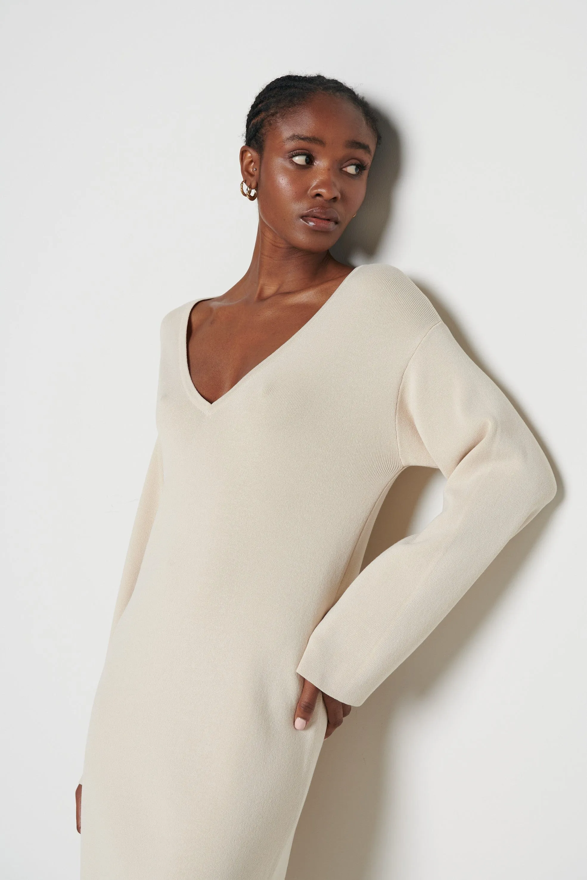 Abriana V-Neck Knit Dress - Beige