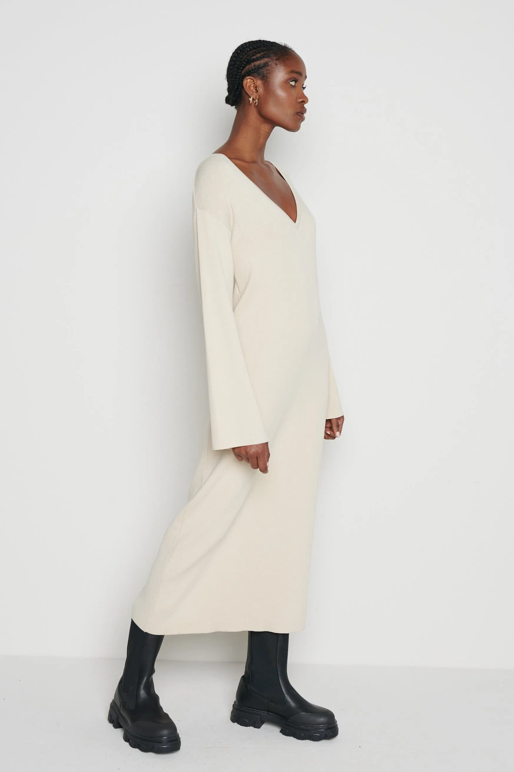 Abriana V-Neck Knit Dress - Beige