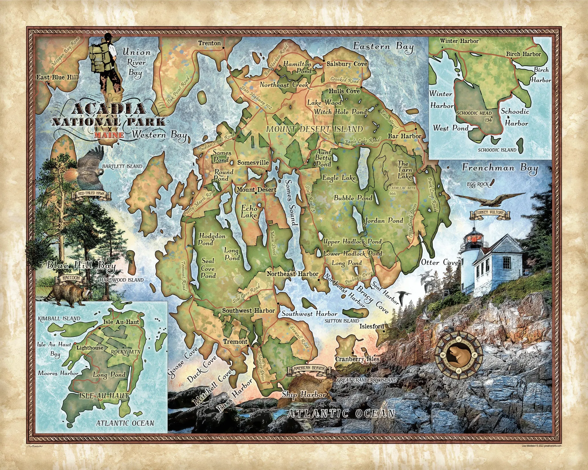 Acadia National Park Maine Antique Map Art Blanket Throw Sherpa Fleece Vintage Artwork Blanket For Bed Sofa Couch & Travel Gift