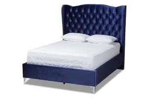 Anna Purple Blue Velvet Fabric Upholstered Wingback Bed (Queen)