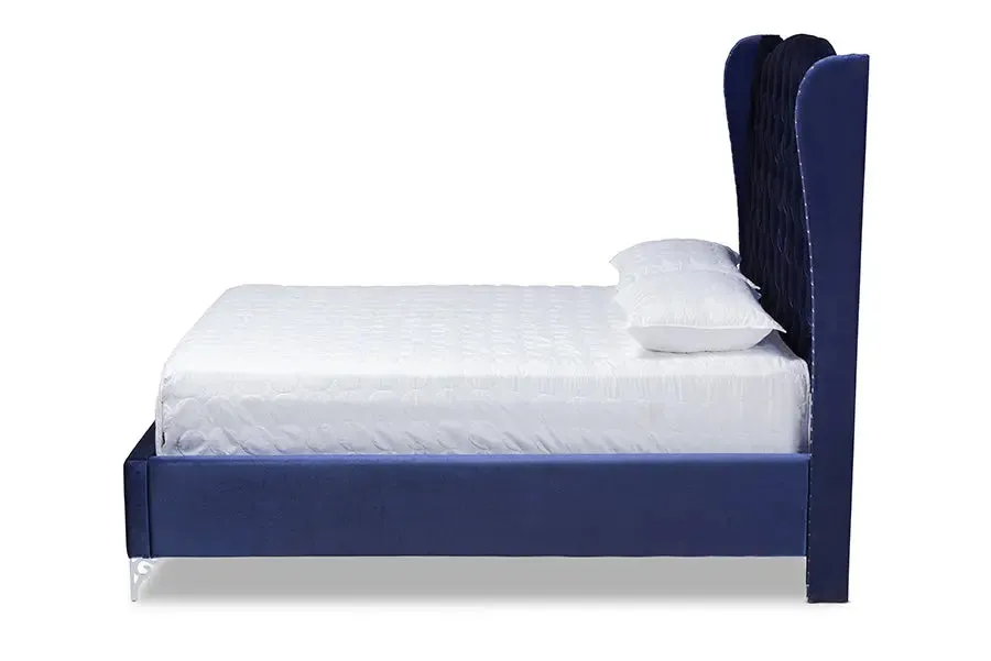 Anna Purple Blue Velvet Fabric Upholstered Wingback Bed (Queen)