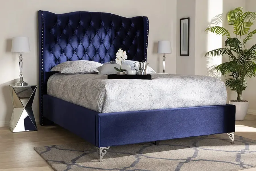 Anna Purple Blue Velvet Fabric Upholstered Wingback Bed (Queen)