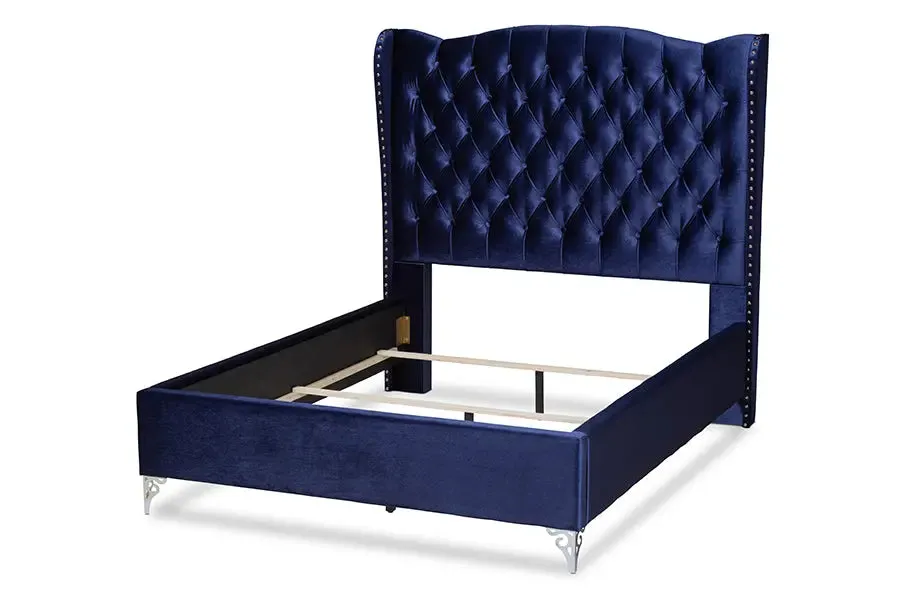 Anna Purple Blue Velvet Fabric Upholstered Wingback Bed (Queen)