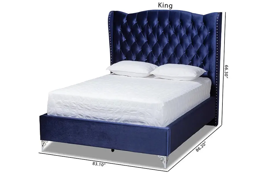 Anna Purple Blue Velvet Fabric Upholstered Wingback Bed (Queen)