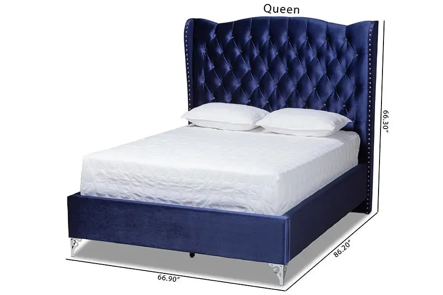 Anna Purple Blue Velvet Fabric Upholstered Wingback Bed (Queen)