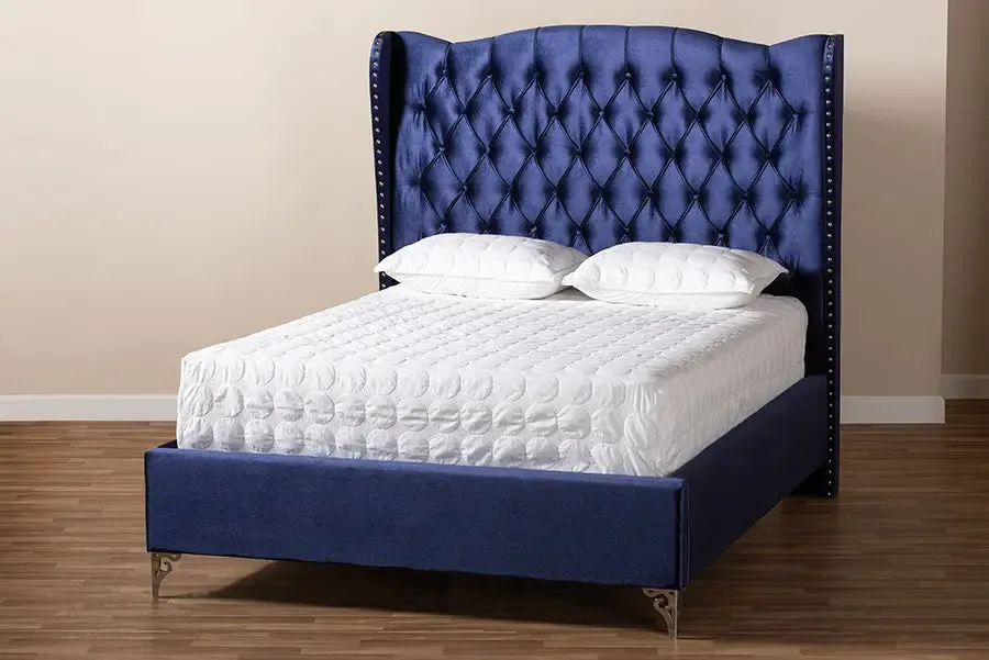 Anna Purple Blue Velvet Fabric Upholstered Wingback Bed (Queen)