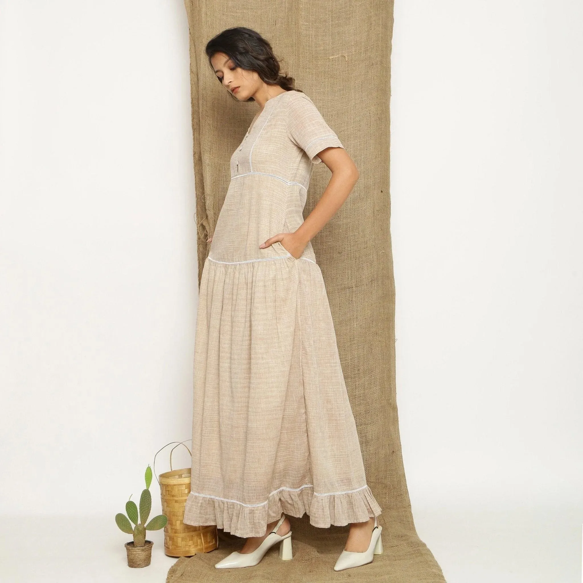 Beige Handspun Cotton Lace Ankle Length Paneled Dress