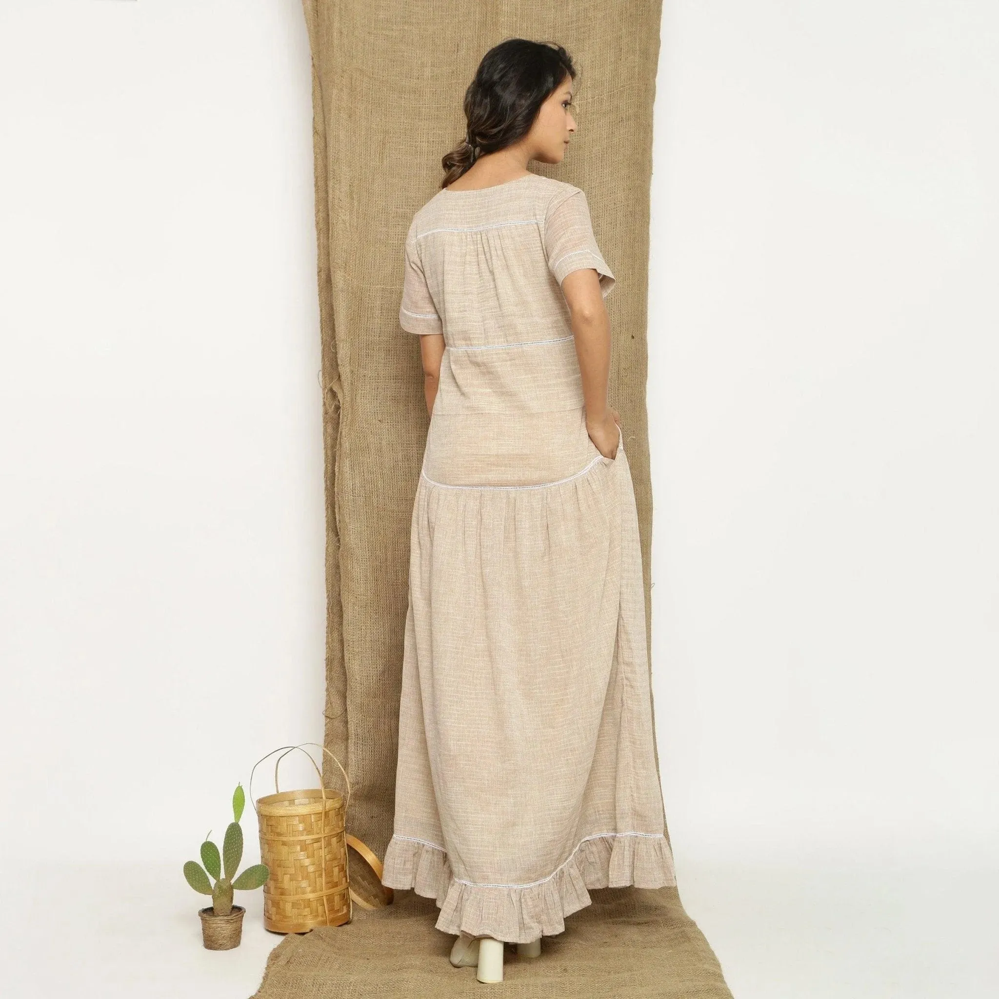Beige Handspun Cotton Lace Ankle Length Paneled Dress