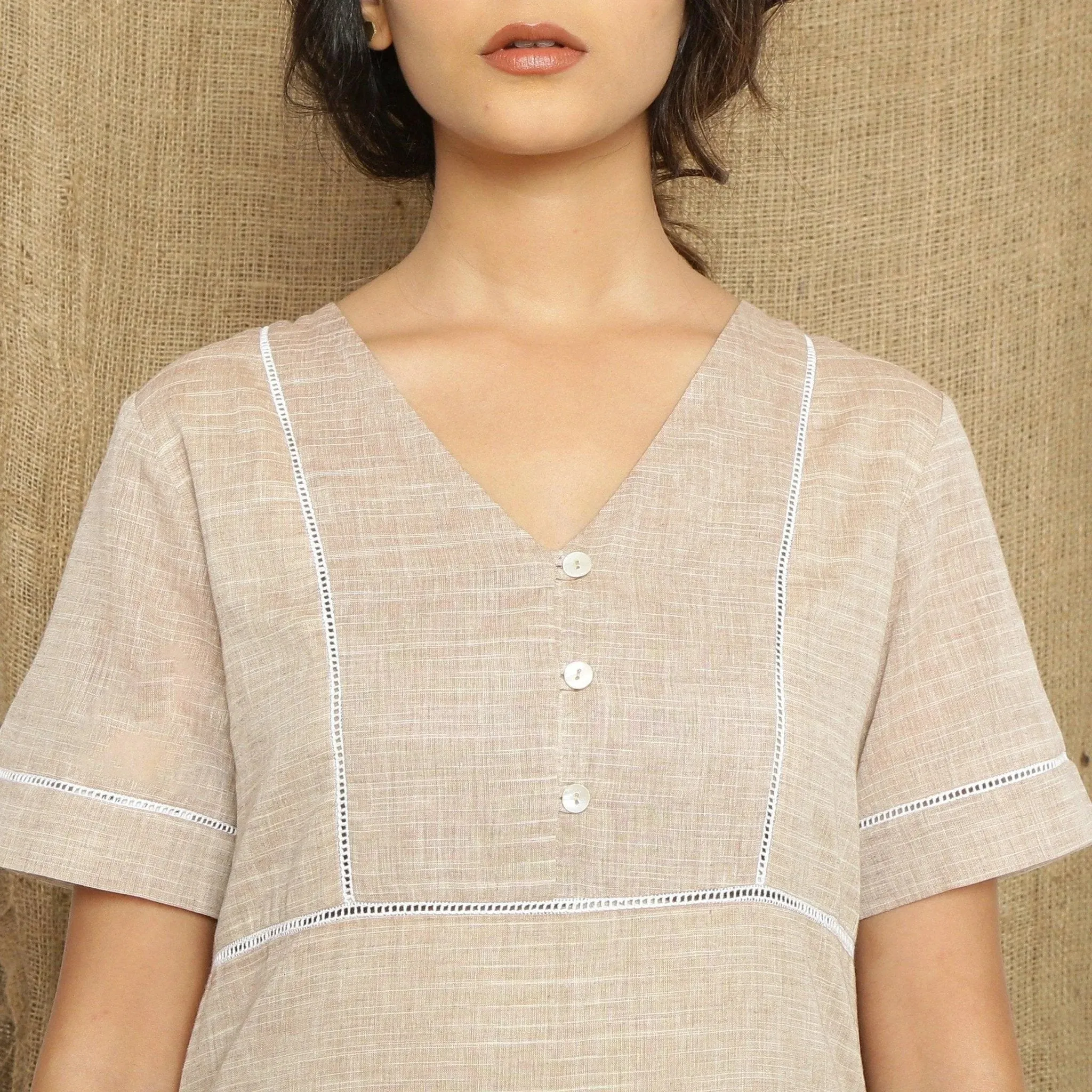 Beige Handspun Cotton Lace Ankle Length Paneled Dress