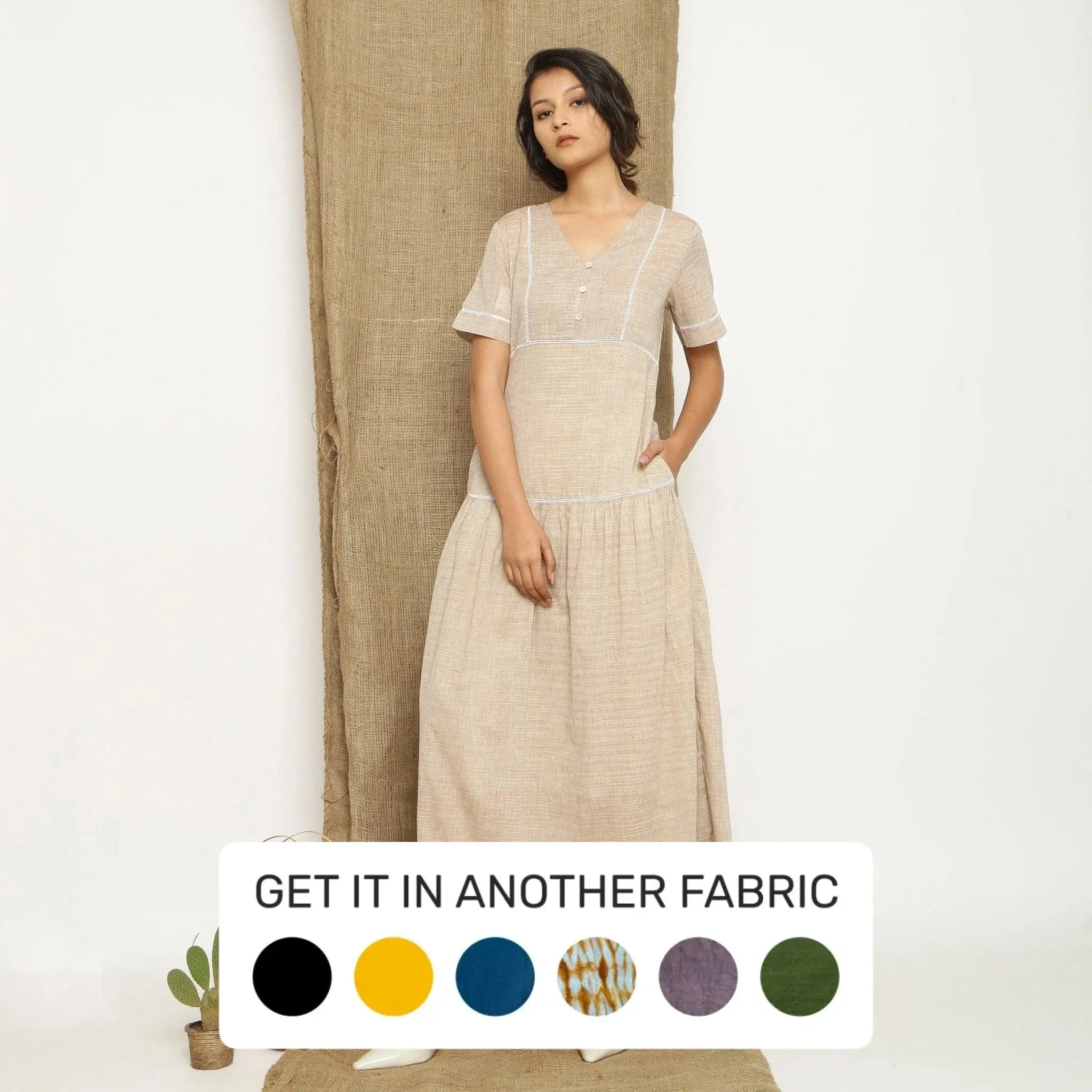 Beige Handspun Cotton Lace Ankle Length Paneled Dress