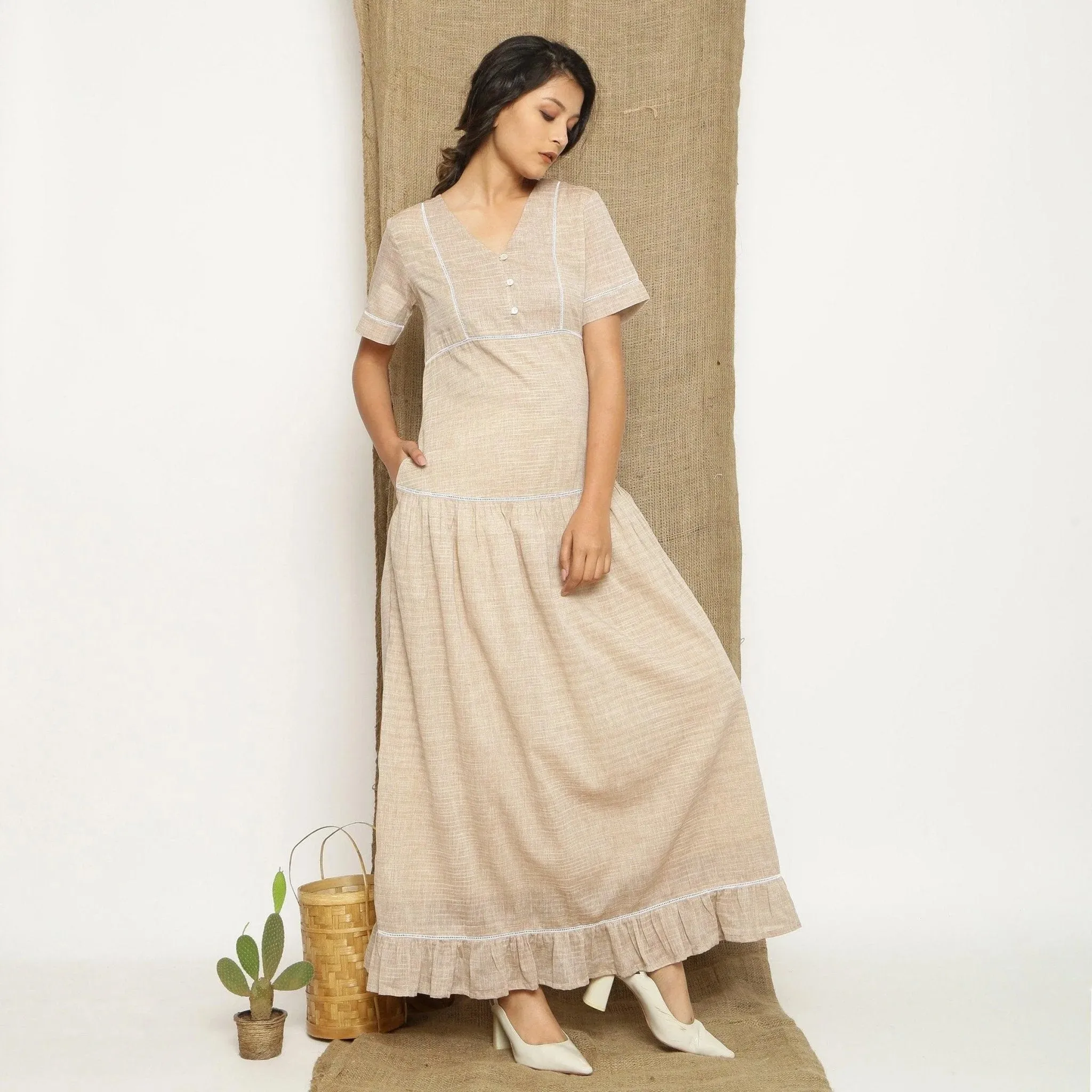 Beige Handspun Cotton Lace Ankle Length Paneled Dress