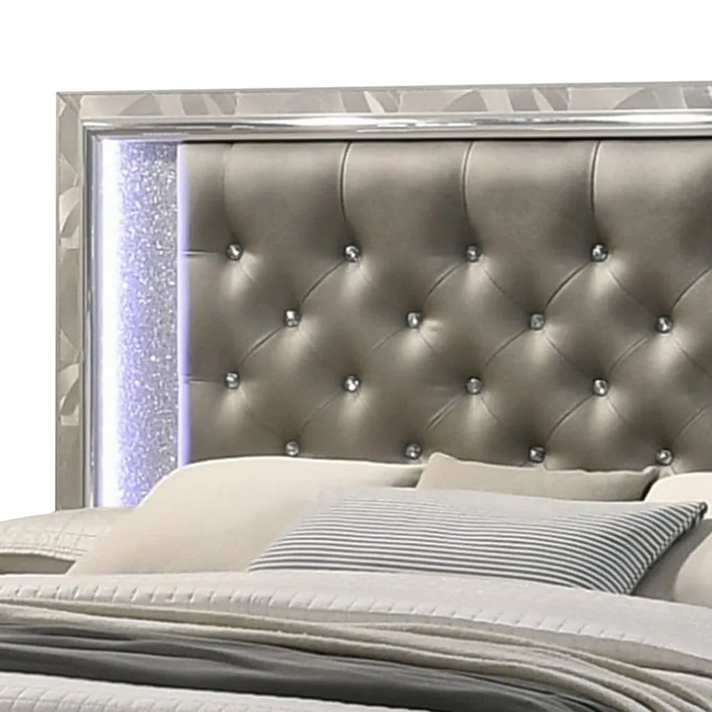 Bet Queen Bed, Silver Faux Leather Upholstery, LED, Crystal Accents, Brown By Casagear Home