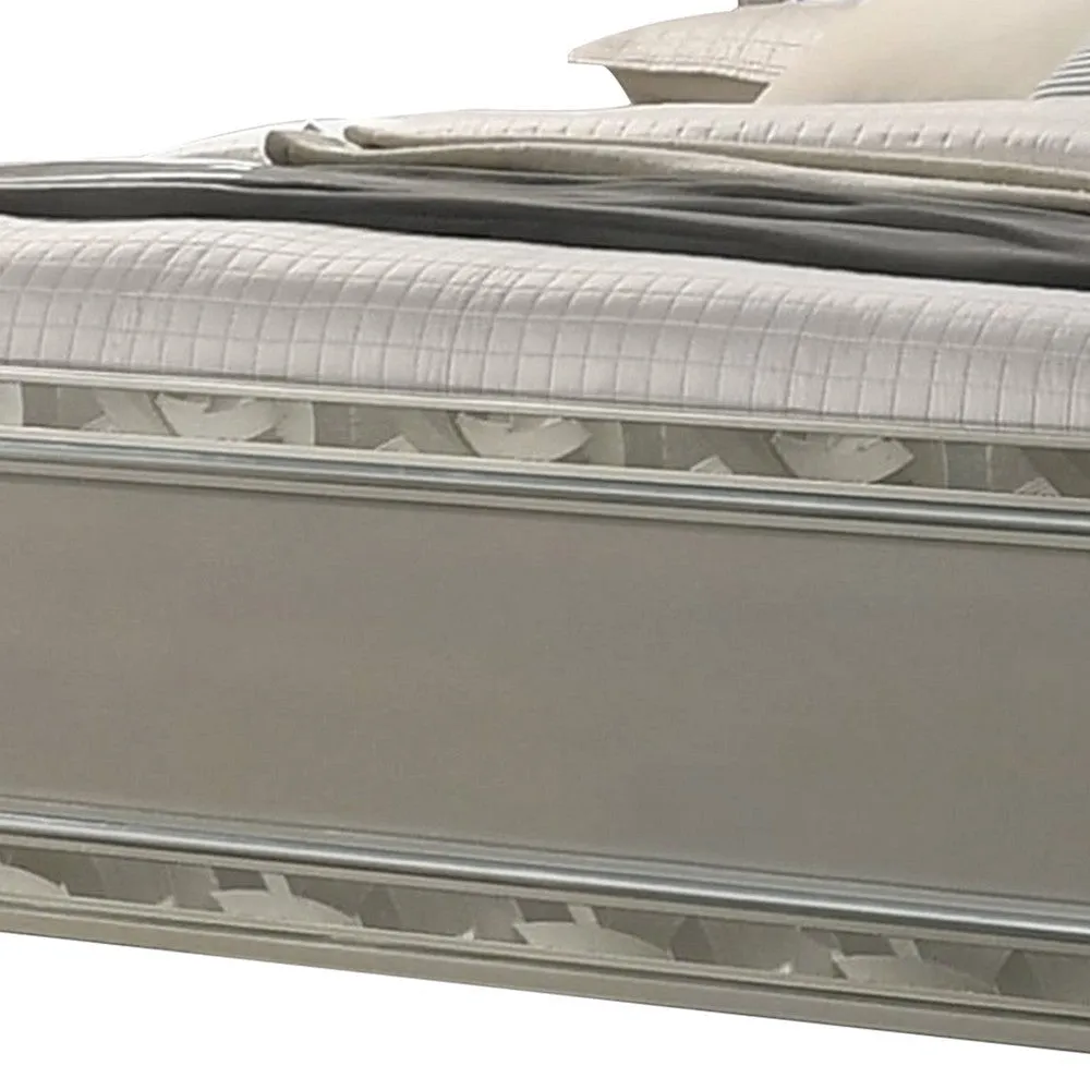 Bet Queen Bed, Silver Faux Leather Upholstery, LED, Crystal Accents, Brown By Casagear Home