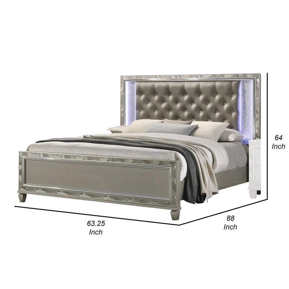 Bet Queen Bed, Silver Faux Leather Upholstery, LED, Crystal Accents, Brown By Casagear Home