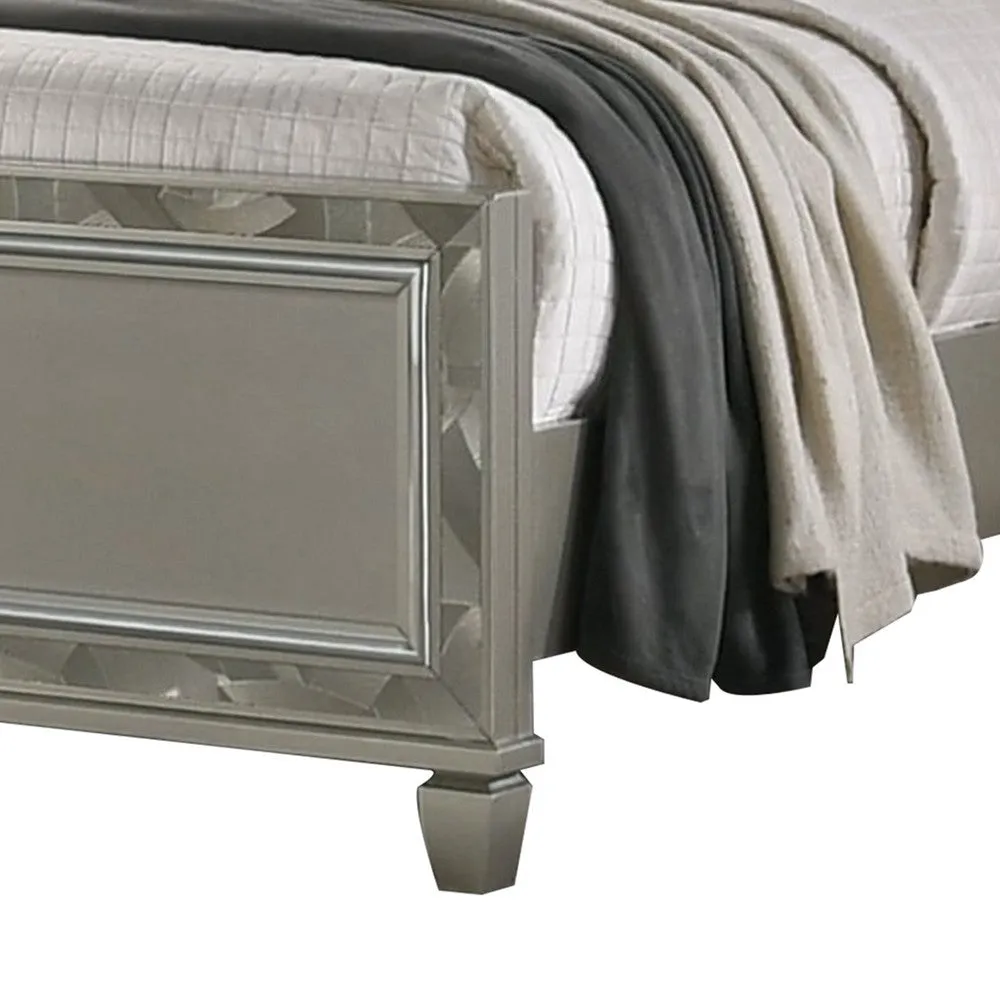 Bet Queen Bed, Silver Faux Leather Upholstery, LED, Crystal Accents, Brown By Casagear Home