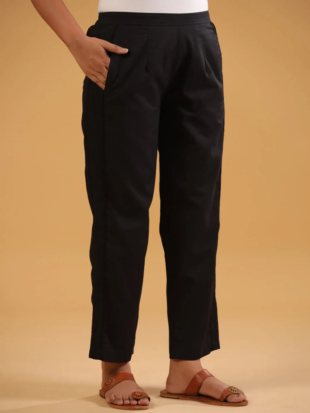 Black Cotton Solid Pintuck Detailed Straight Pant
