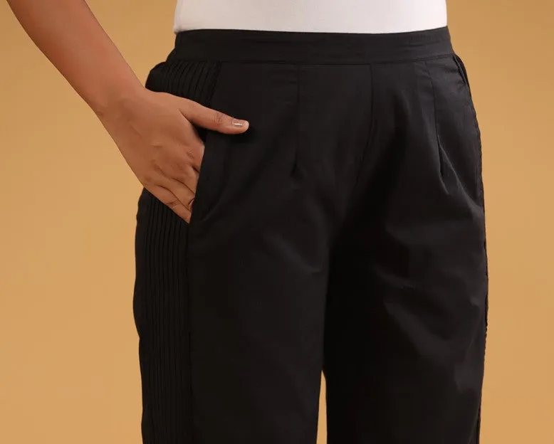 Black Cotton Solid Pintuck Detailed Straight Pant