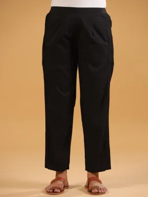 Black Cotton Solid Pintuck Detailed Straight Pant