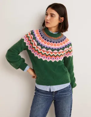 Blouson Sleeve Fluffy Jumper-Hunter Green, Fair Isle