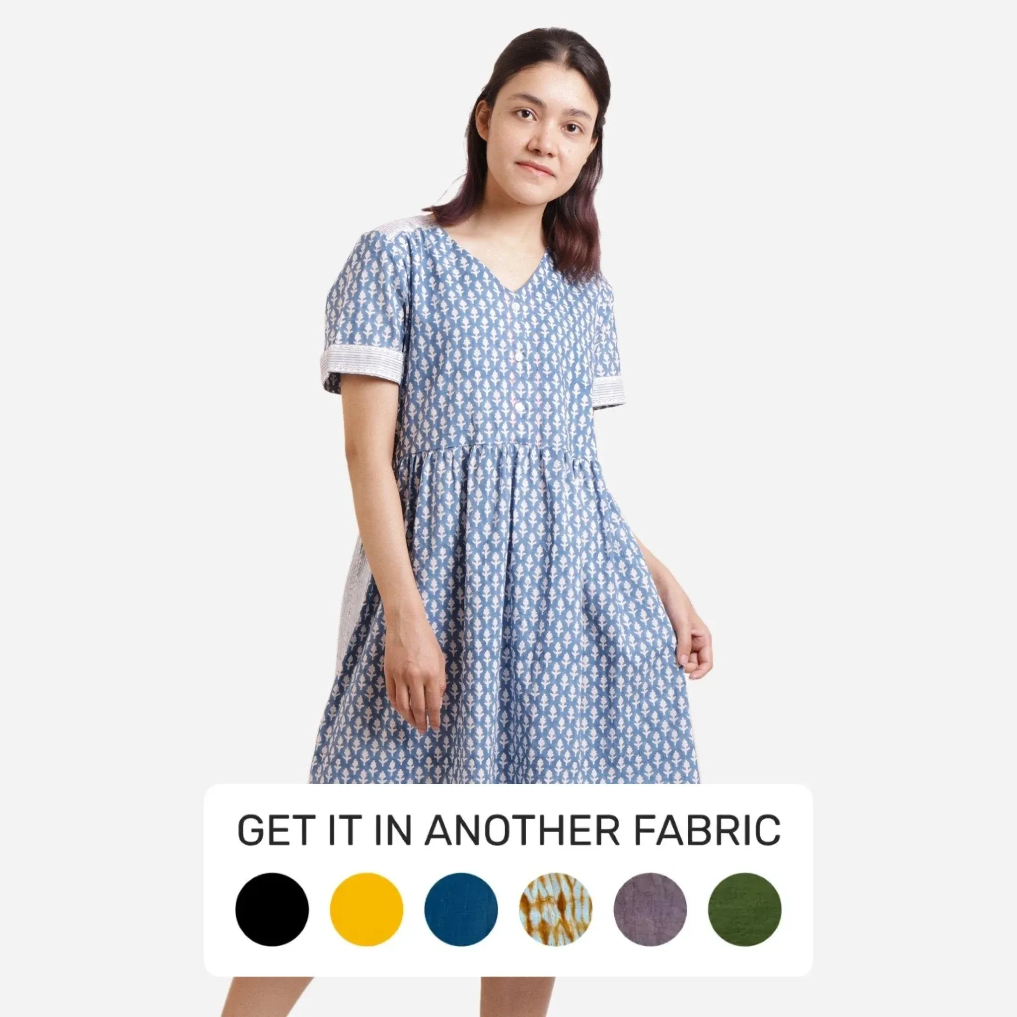 Blue Block Print Embroidered Cotton Knee Length Dress