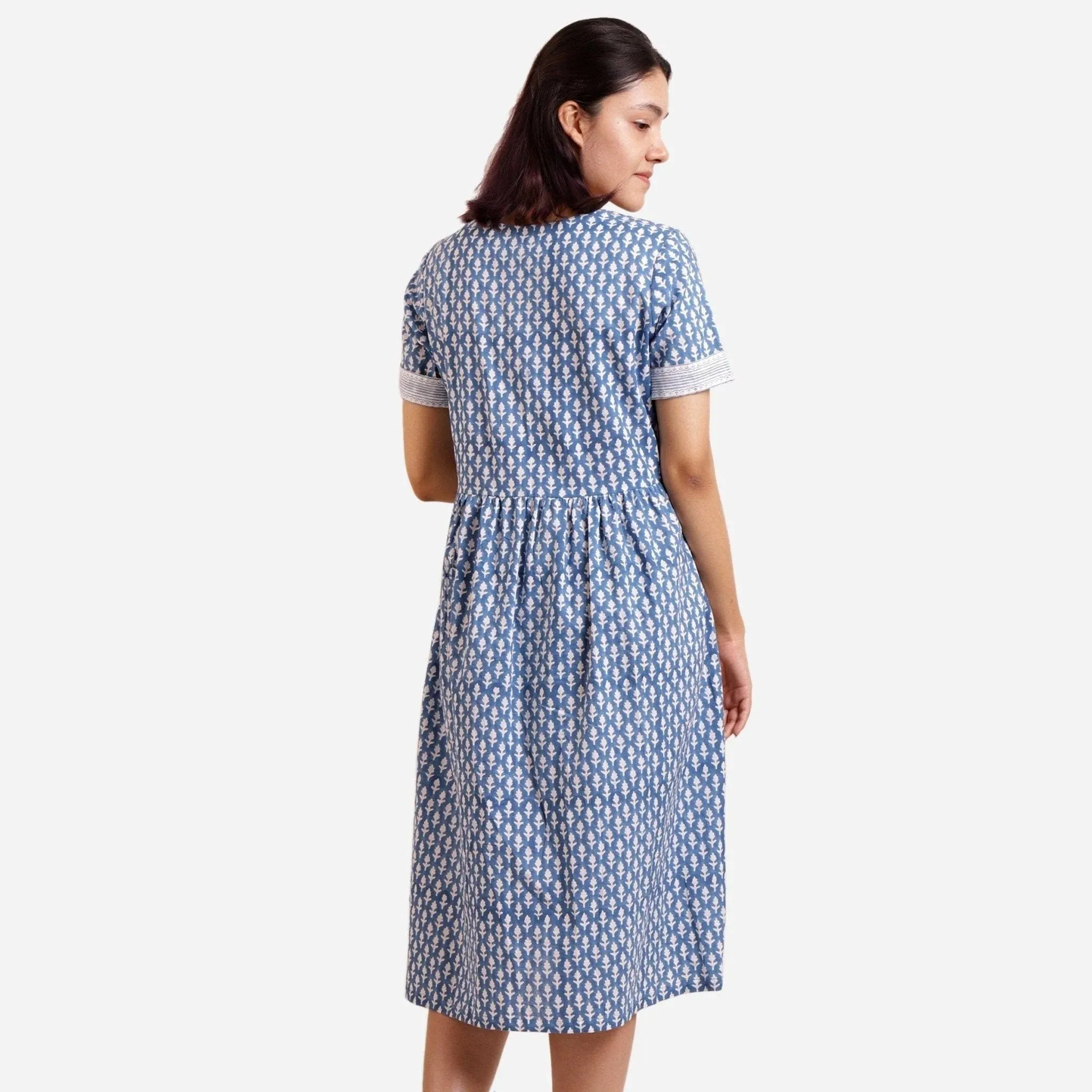 Blue Block Print Embroidered Cotton Knee Length Dress