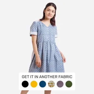 Blue Block Print Embroidered Cotton Knee Length Dress