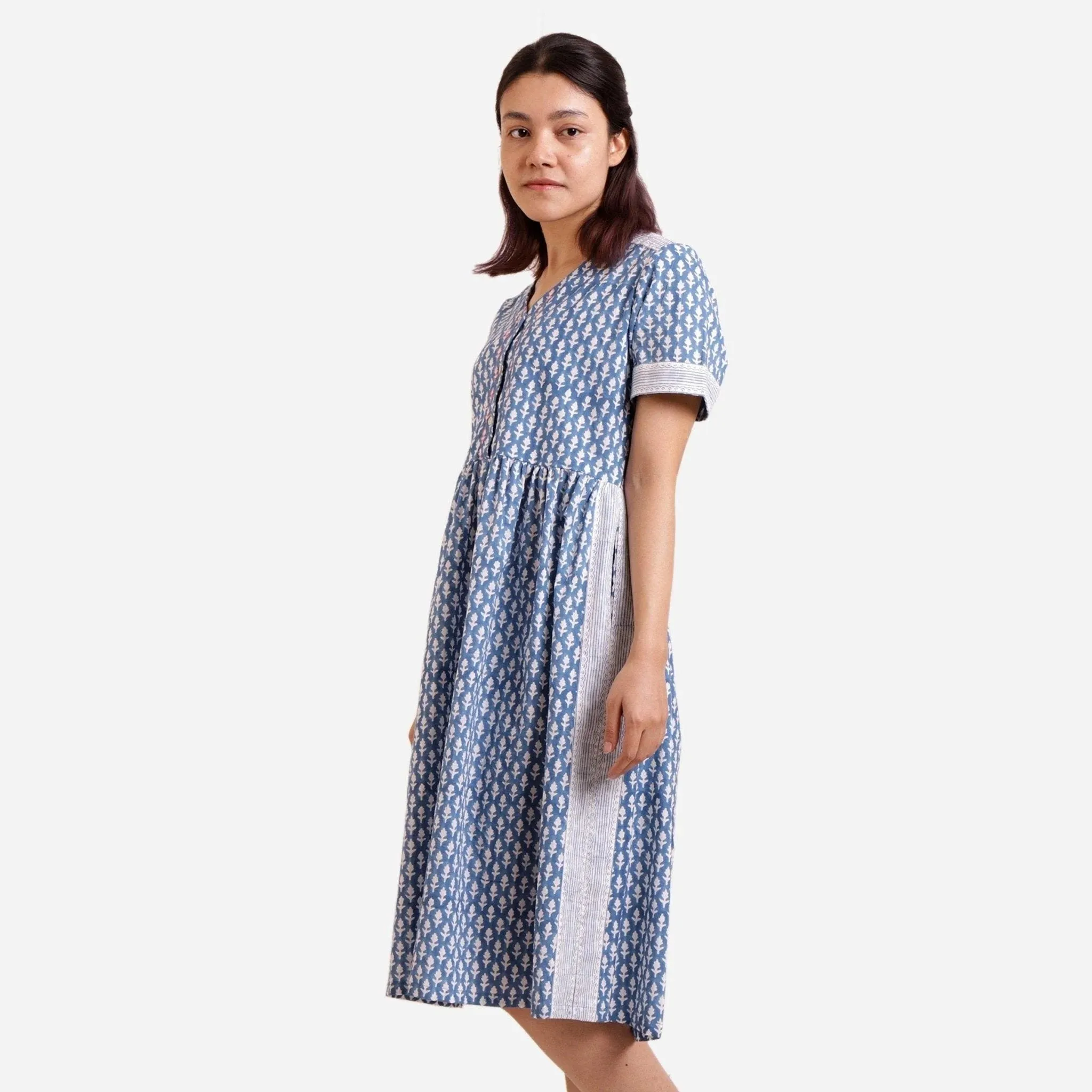 Blue Block Print Embroidered Cotton Knee Length Dress