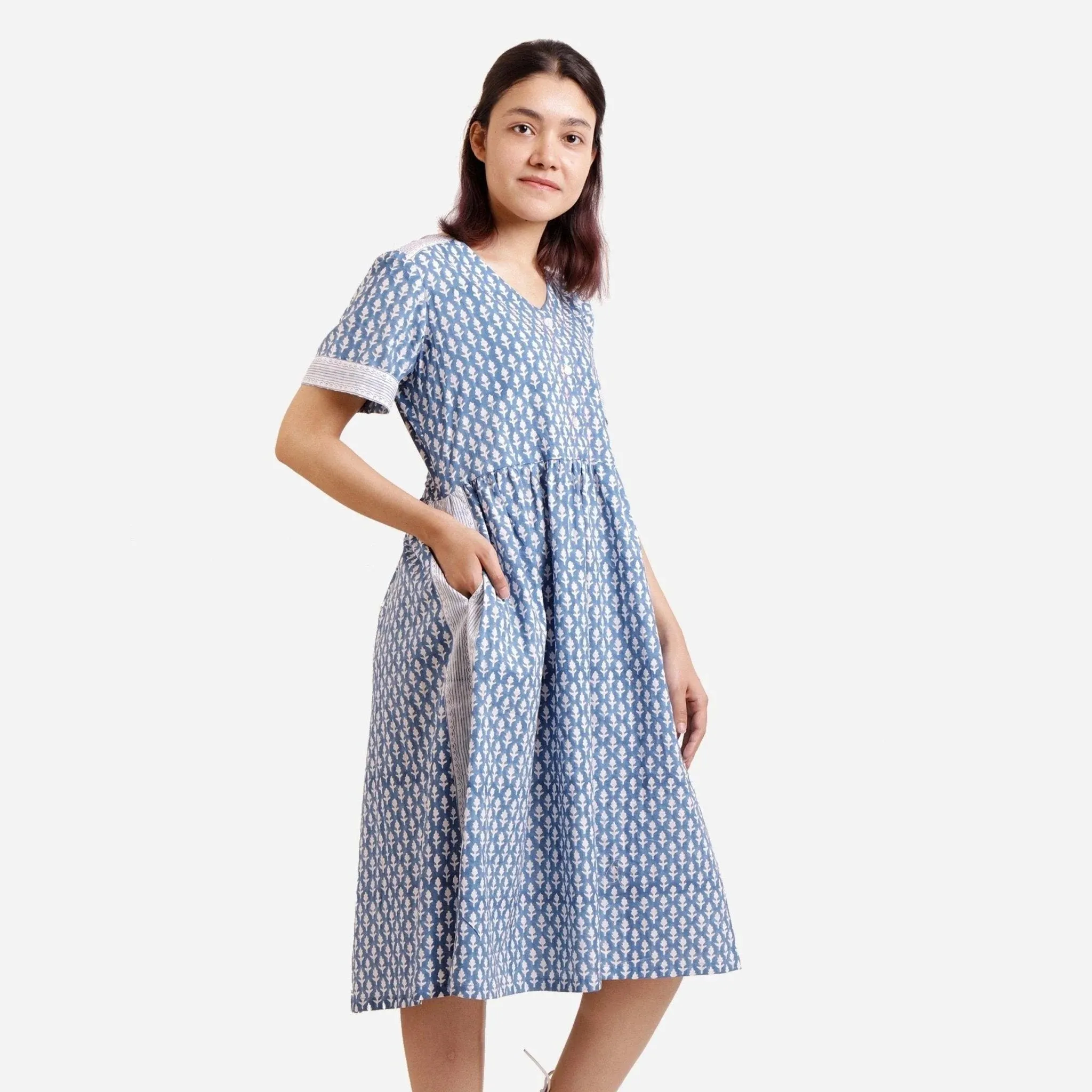 Blue Block Print Embroidered Cotton Knee Length Dress