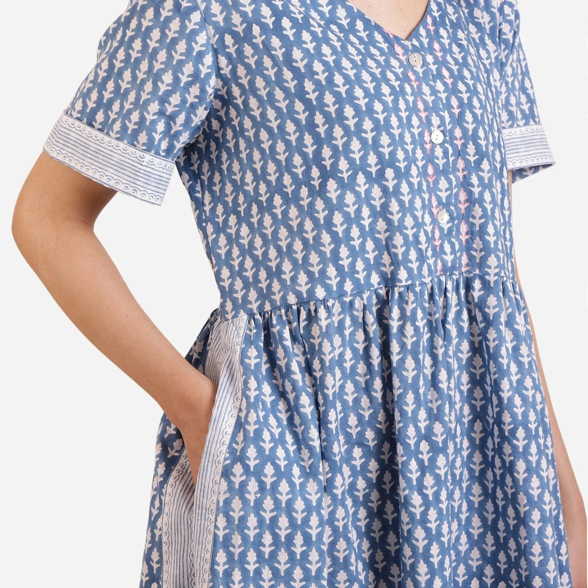 Blue Block Print Embroidered Cotton Knee Length Dress