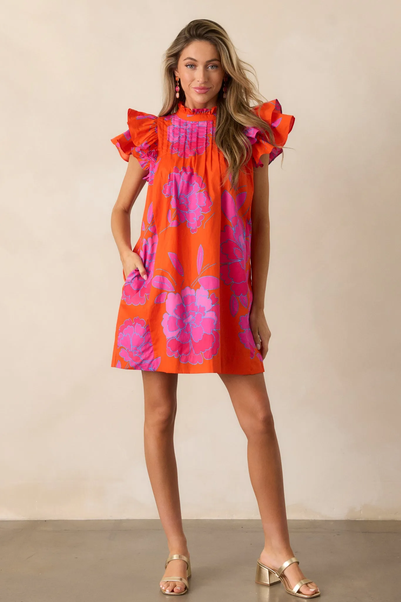 Breezes And Blooms Cotton Orange Flutter Sleeve Mini Dress