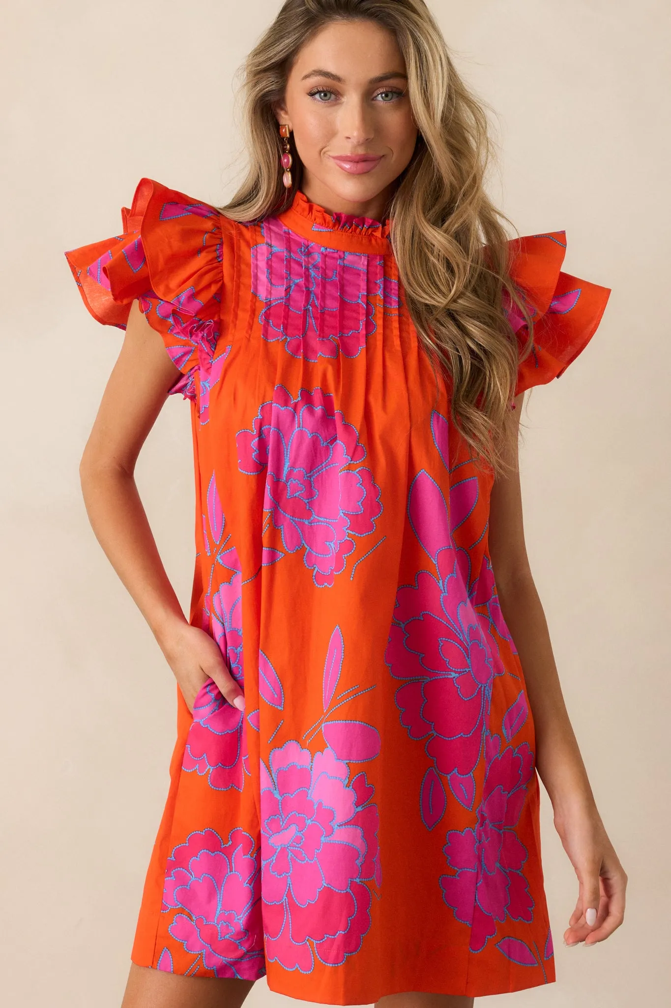Breezes And Blooms Cotton Orange Flutter Sleeve Mini Dress