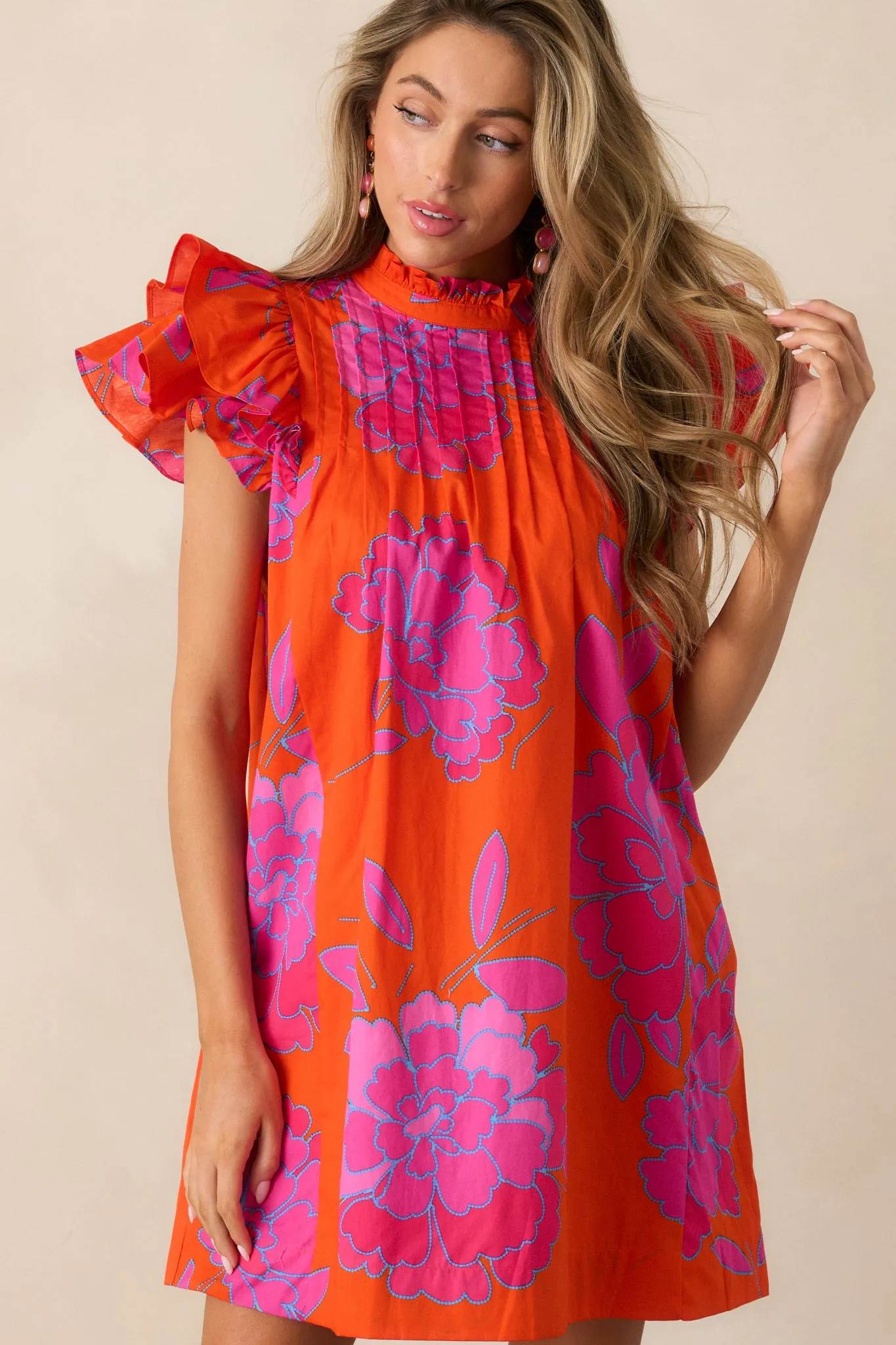 Breezes And Blooms Cotton Orange Flutter Sleeve Mini Dress