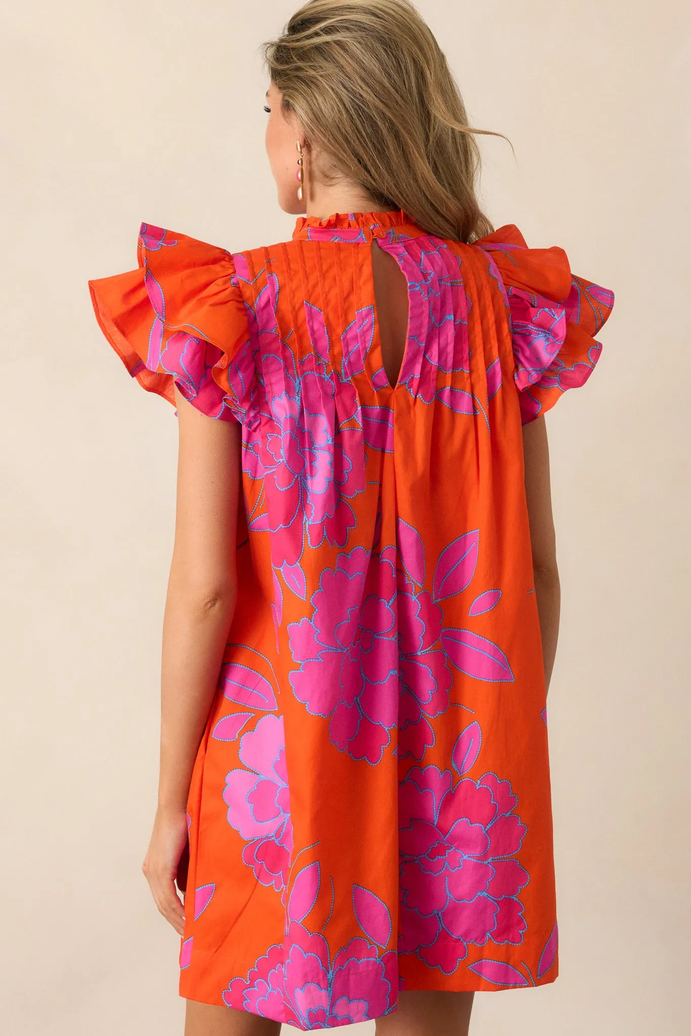 Breezes And Blooms Cotton Orange Flutter Sleeve Mini Dress