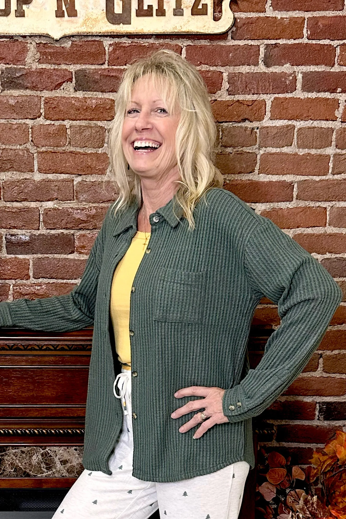 Campfire Cozy Waffle Sage Button Top By PJ Salvage