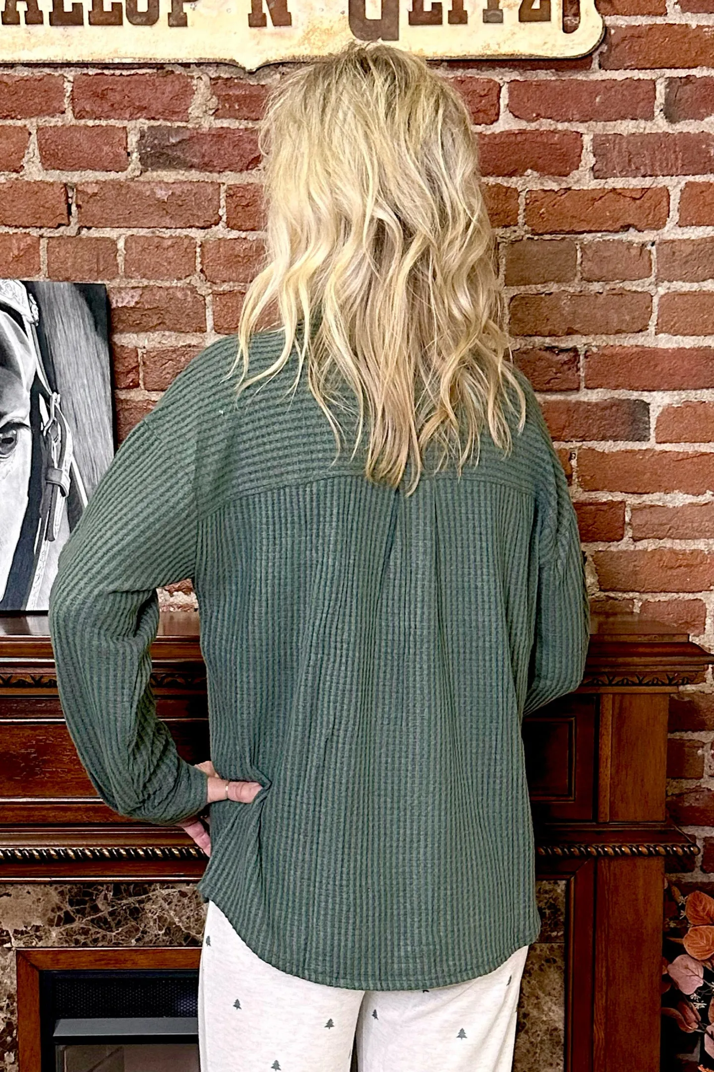 Campfire Cozy Waffle Sage Button Top By PJ Salvage