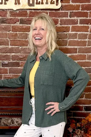 Campfire Cozy Waffle Sage Button Top By PJ Salvage
