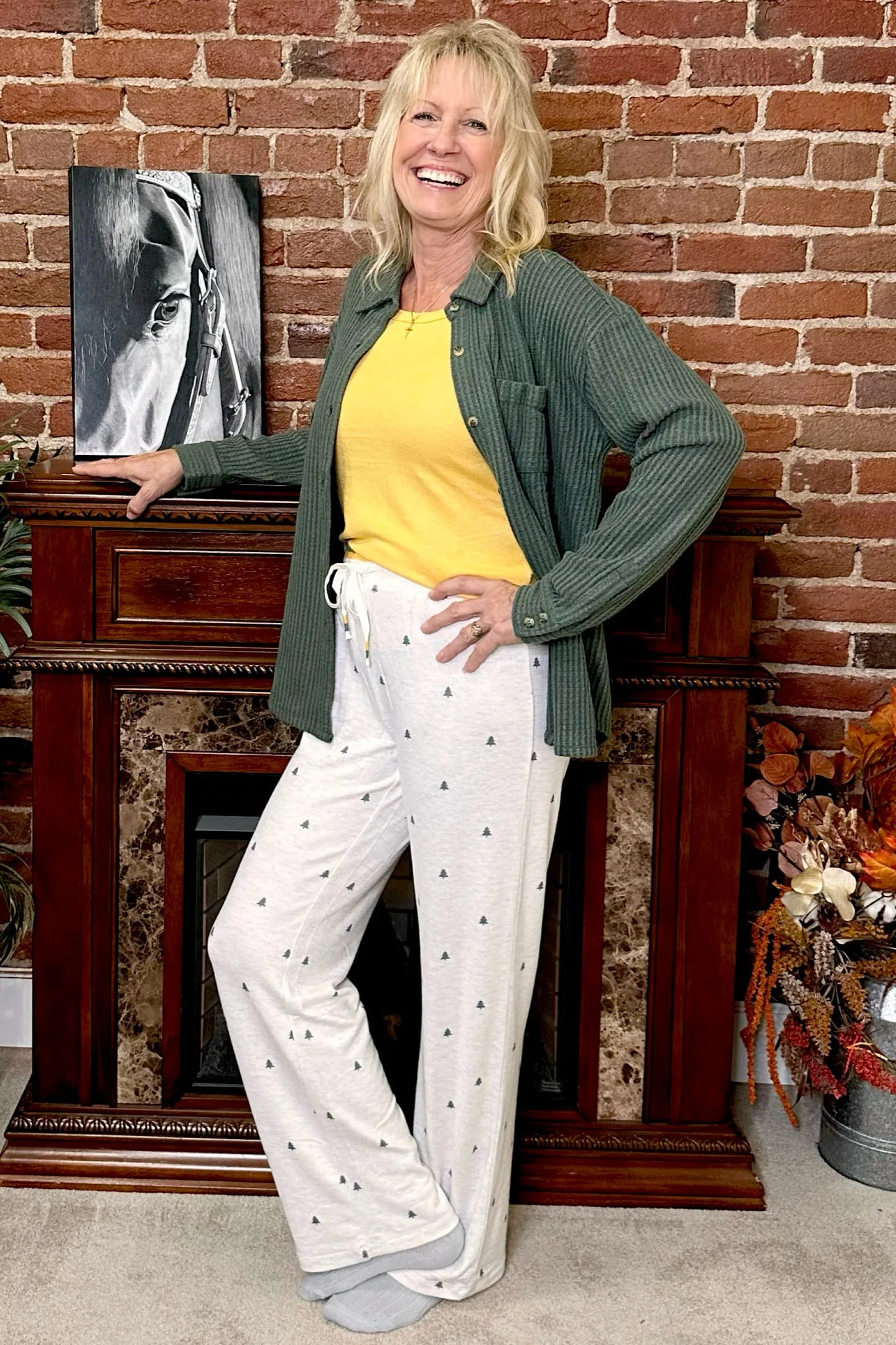 Campfire Cozy Waffle Sage Button Top By PJ Salvage