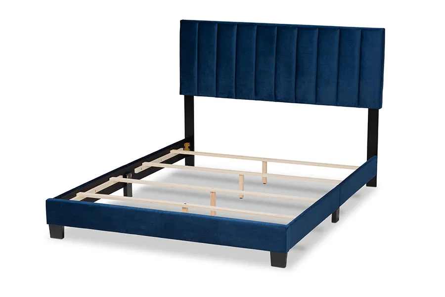 Claudia Navy Blue Velvet Fabric Panel Bed w/Channel Tufted Headboard (Full)